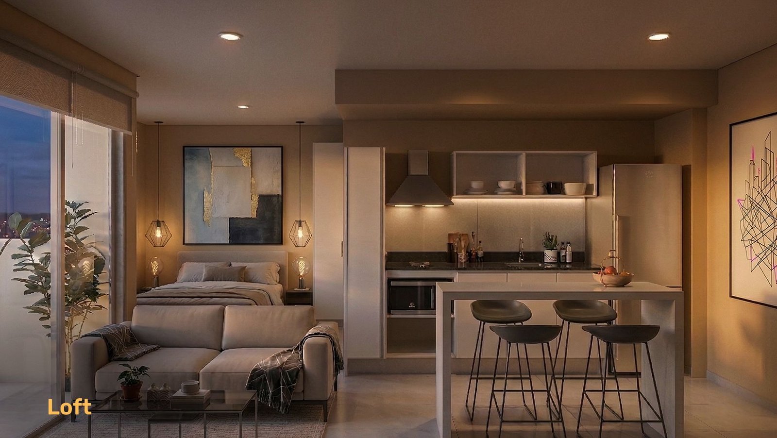 Render del interior de un loft del proyecto