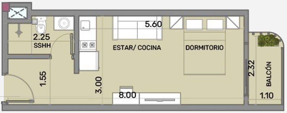 Plano de la tipología loft de 30 m², letras R, S, T, U y V
