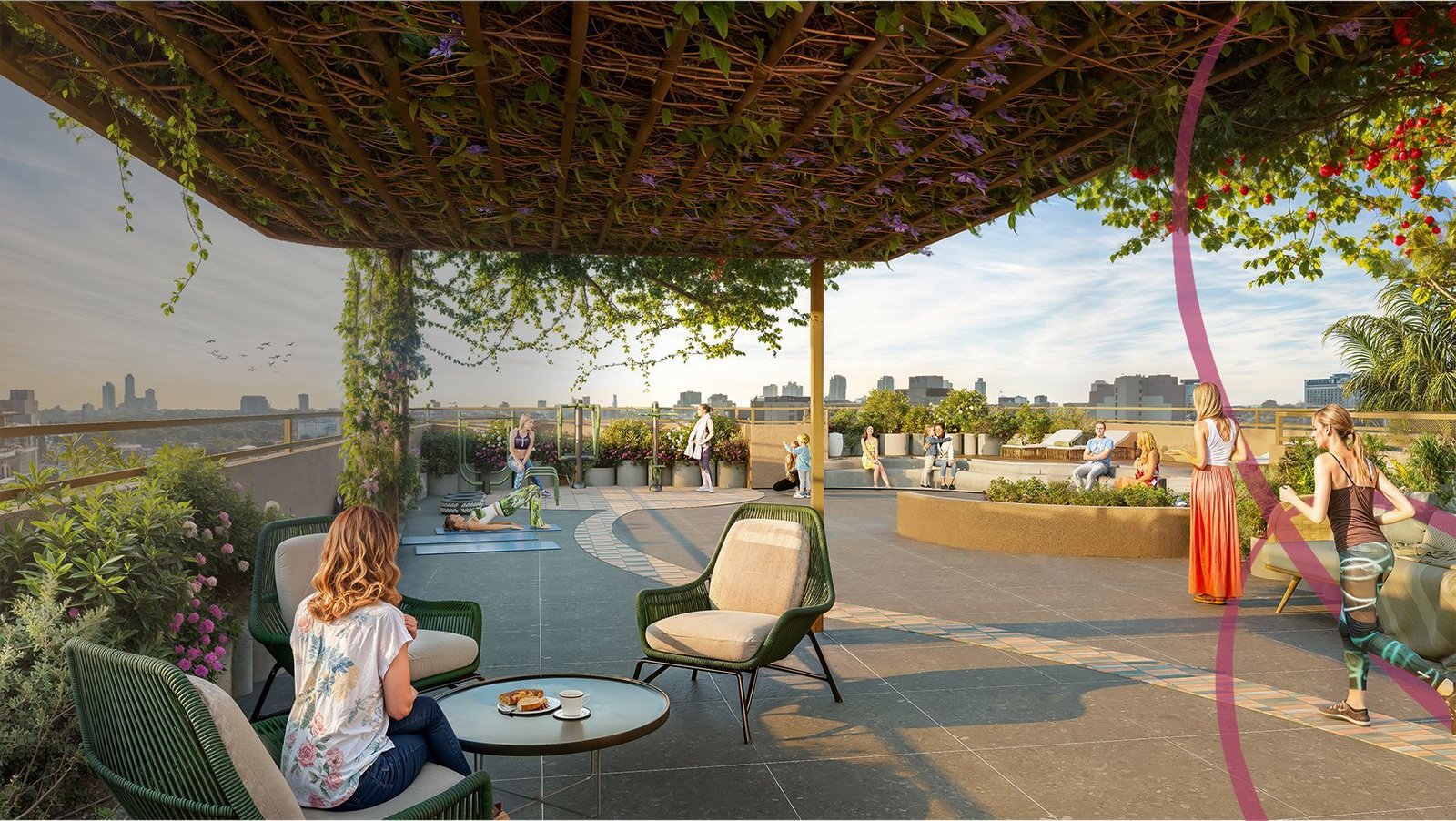 Render de los espacios comunes del rooftop